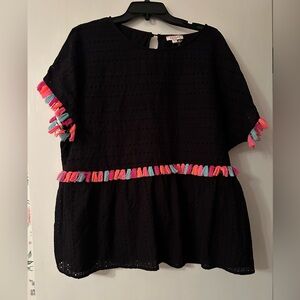 Short sleeve black top with color tassels